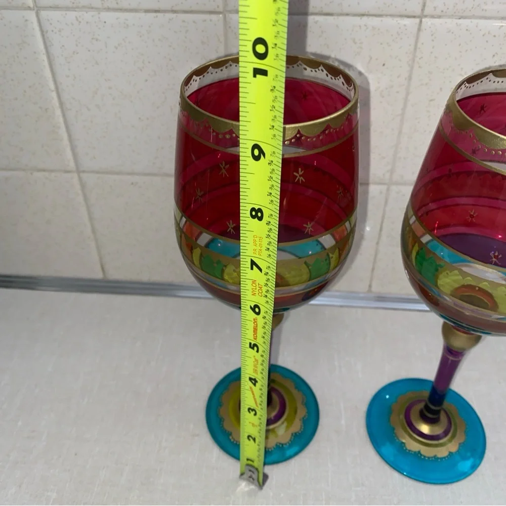 Pier 1 Festive Holiday Stripe Red Gold Purple Blue Wine Glass Set Hand‎ Painted